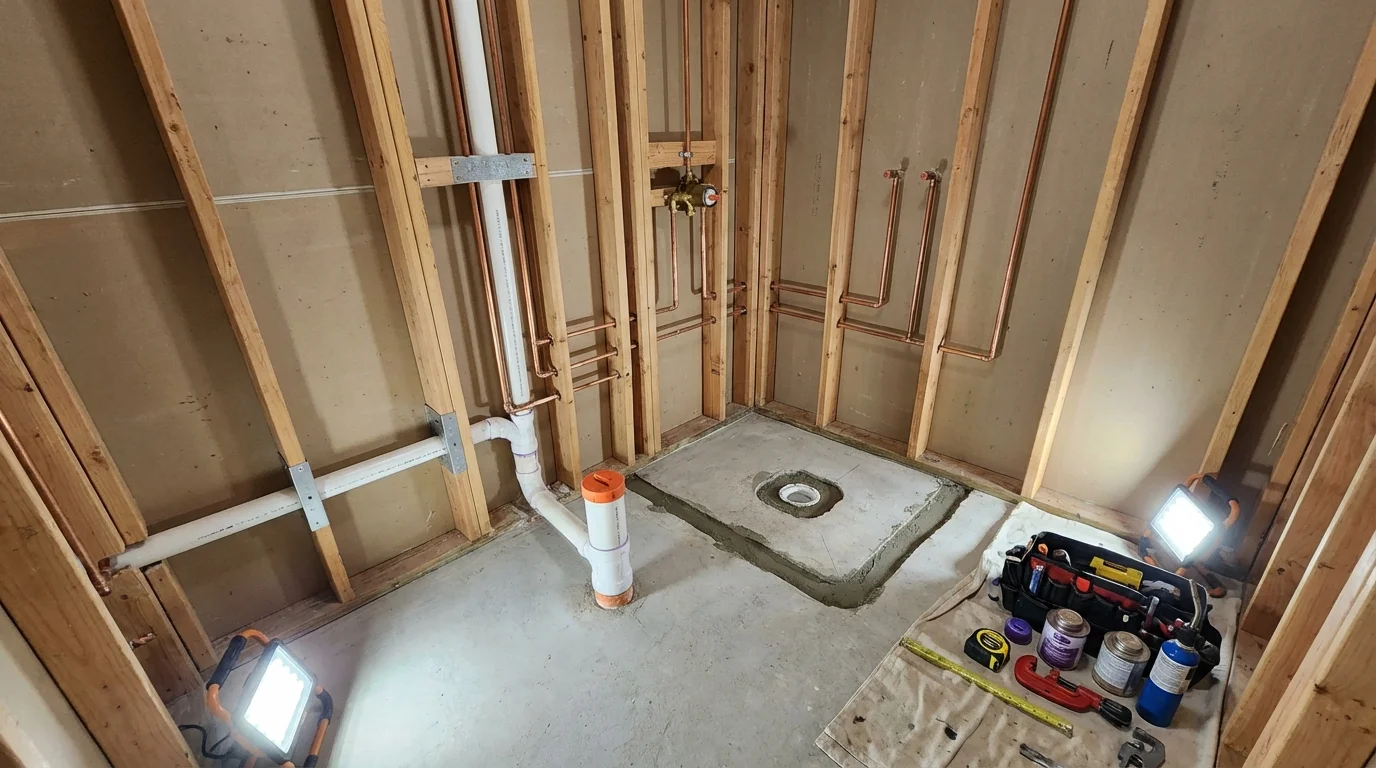 Bathroom rough-in plumbing during remodel by Johns Plumbing LLC in Strongsville