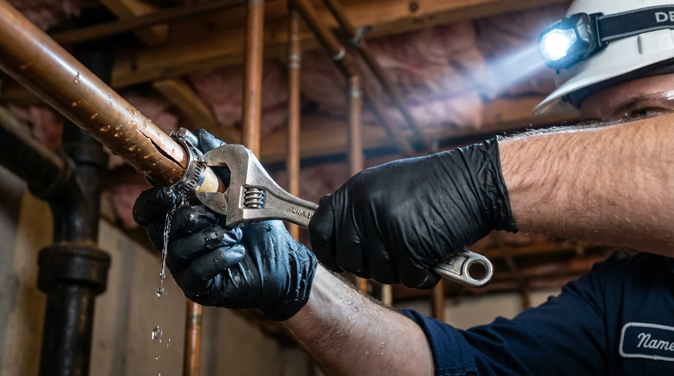 Emergency pipe clamp repair being performed by a Johns Plumbing LLC plumber in Strongsville