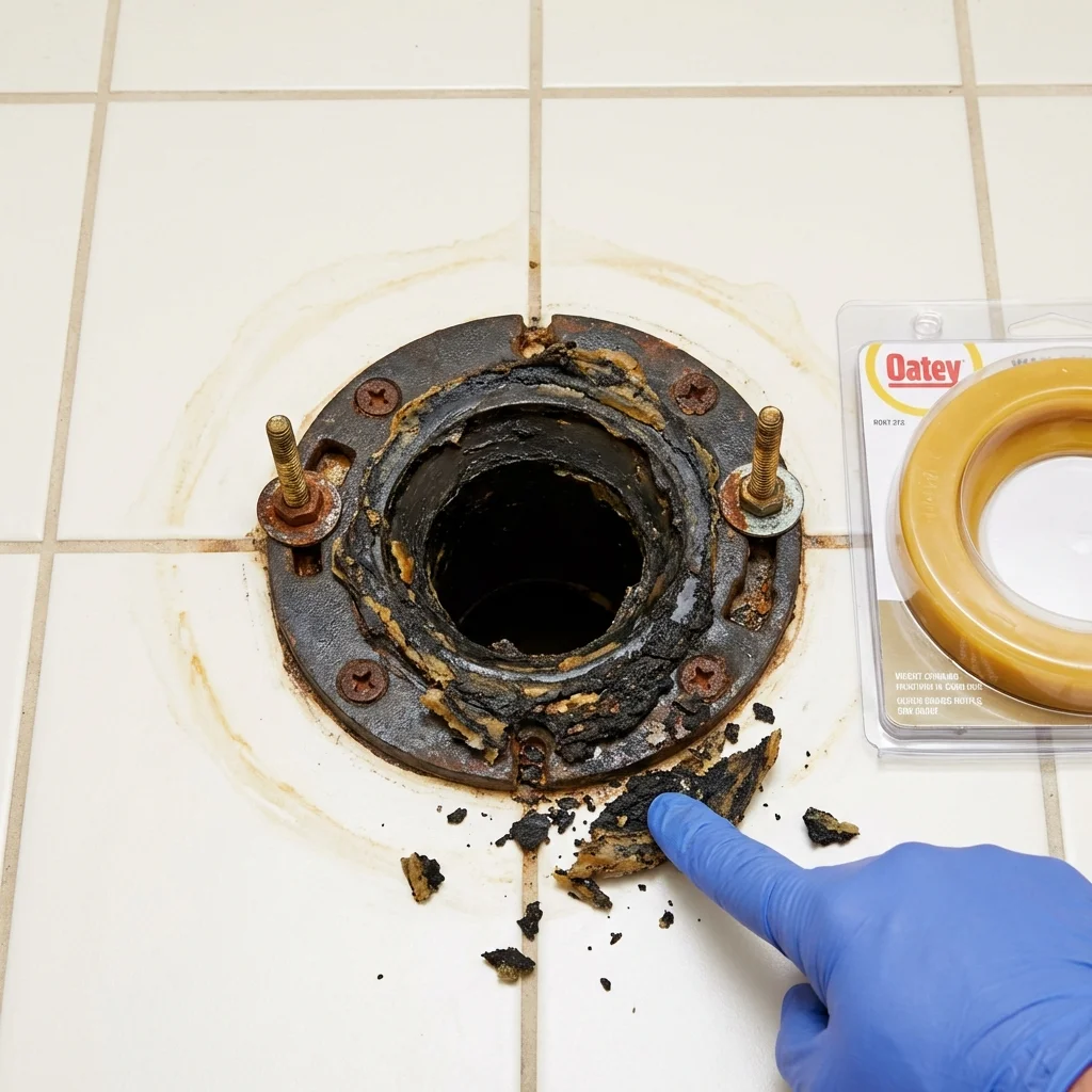 Failed wax ring showing water seepage at the base of a toilet in a Strongsville, OH home