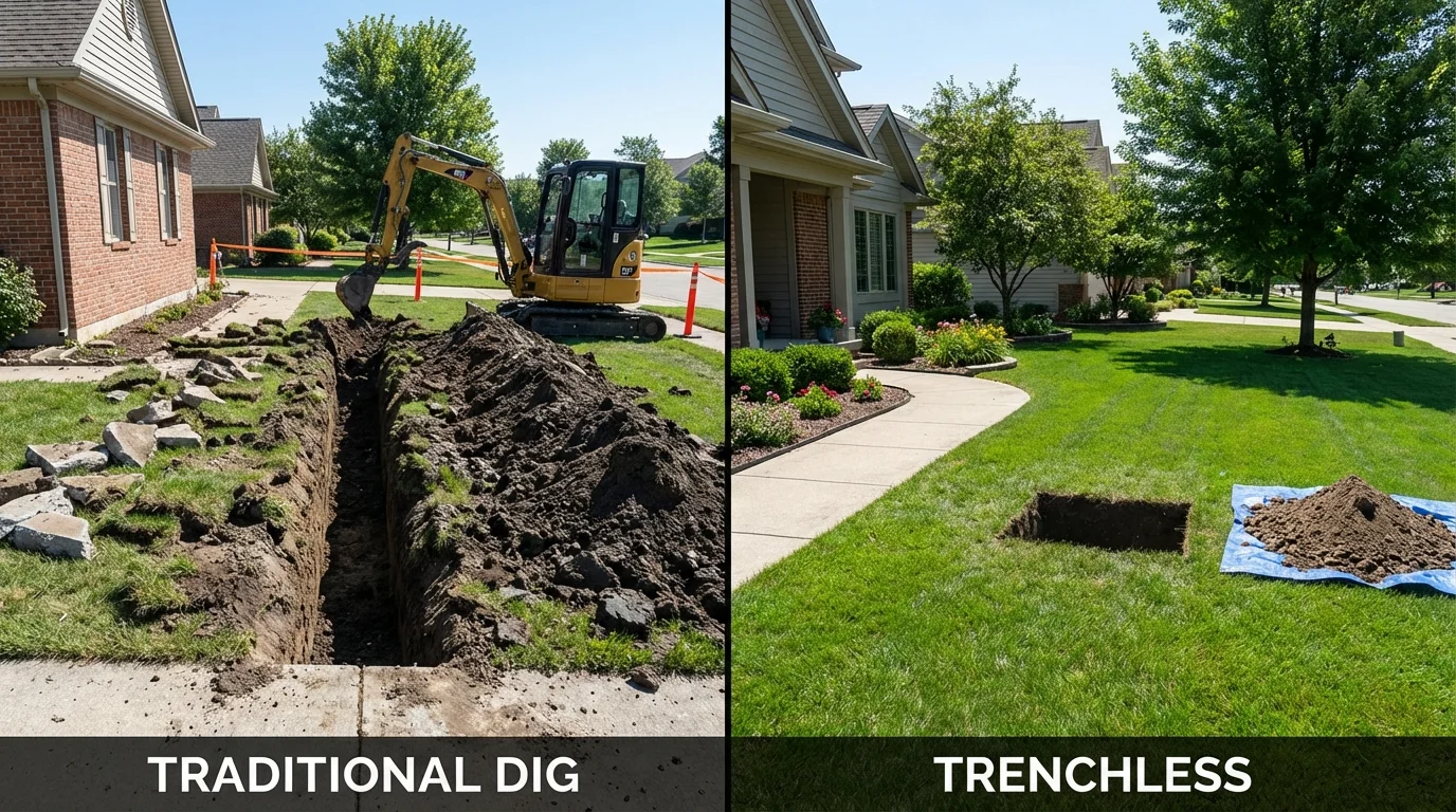 Trenchless sewer repair with minimal yard damage versus traditional excavation in Strongsville, OH