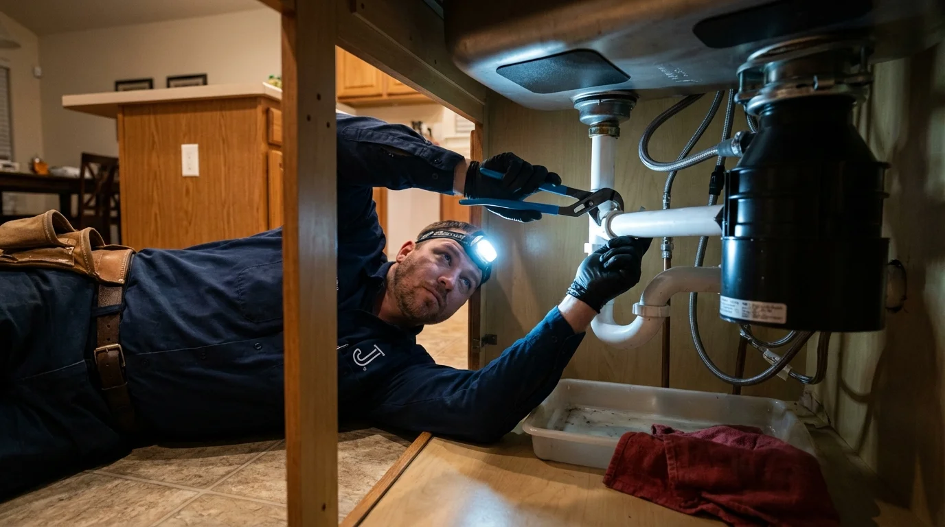 P-trap and supply line connections under a kitchen sink showing a common leak point in Strongsville, OH